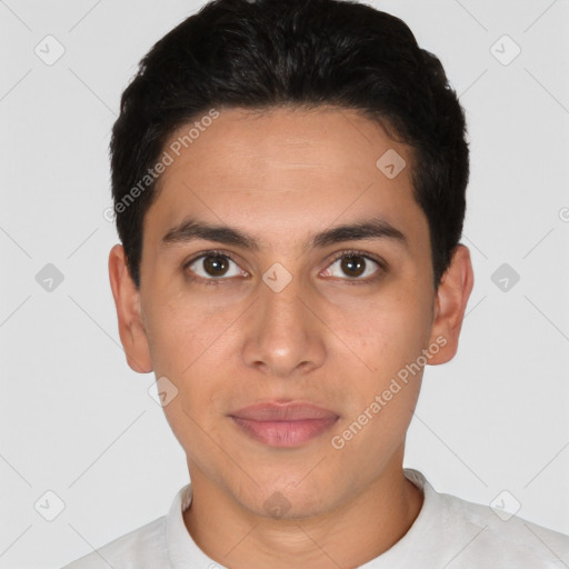 Neutral latino young-adult male with short  black hair and brown eyes