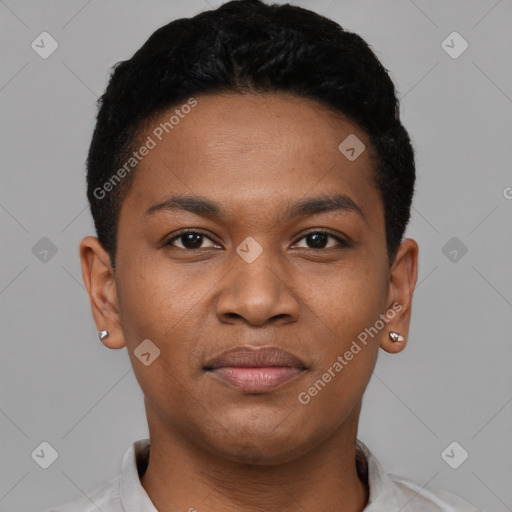 Joyful black young-adult male with short  black hair and brown eyes