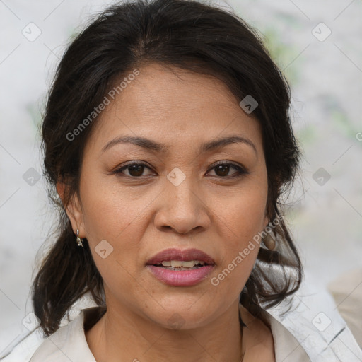 Joyful white adult female with medium  brown hair and brown eyes