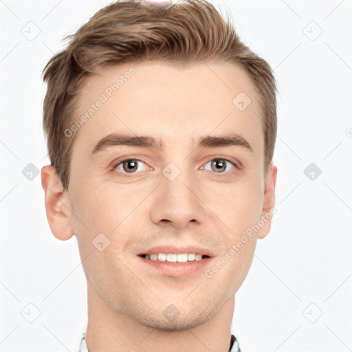 Joyful white young-adult male with short  brown hair and grey eyes