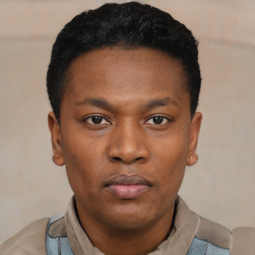 Neutral black young-adult male with short  black hair and brown eyes