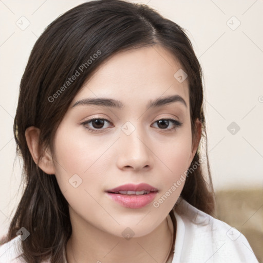 Neutral white young-adult female with medium  brown hair and brown eyes