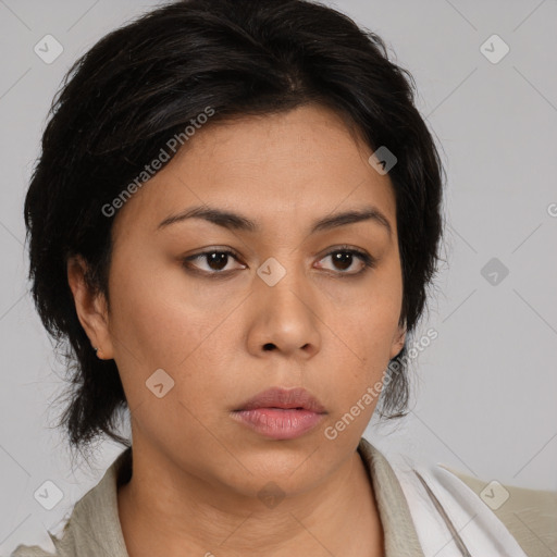 Neutral asian young-adult female with medium  brown hair and brown eyes