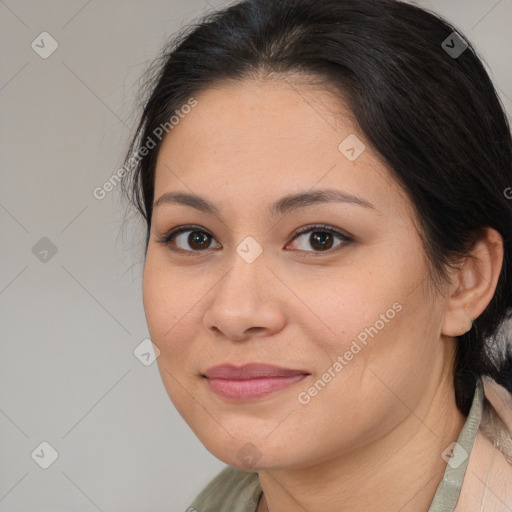 Joyful white young-adult female with medium  brown hair and brown eyes