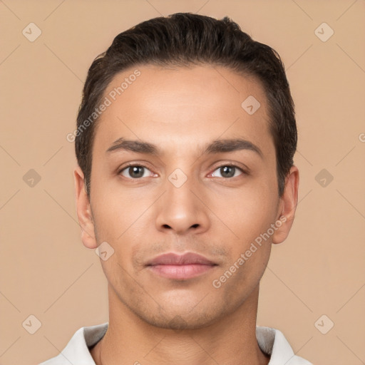 Neutral white young-adult male with short  brown hair and brown eyes