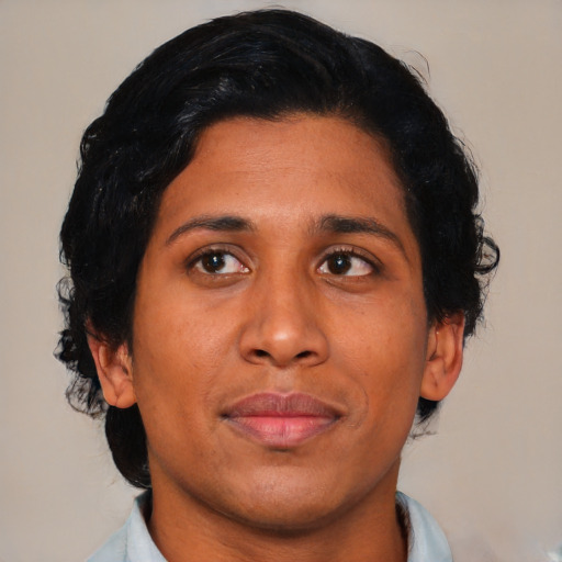 Neutral asian adult female with short  black hair and brown eyes