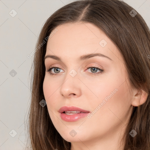 Neutral white young-adult female with long  brown hair and brown eyes