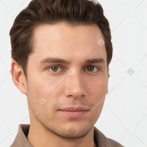 Neutral white young-adult male with short  brown hair and brown eyes