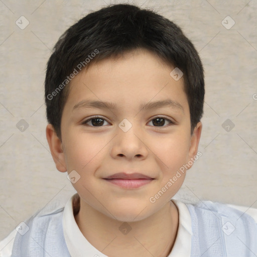 Joyful white child female with short  brown hair and brown eyes