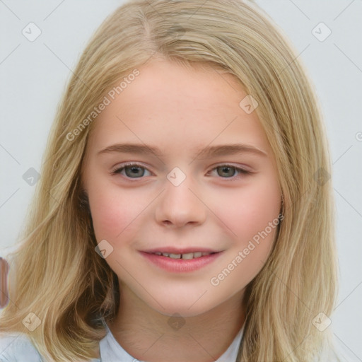 Joyful white child female with medium  brown hair and brown eyes