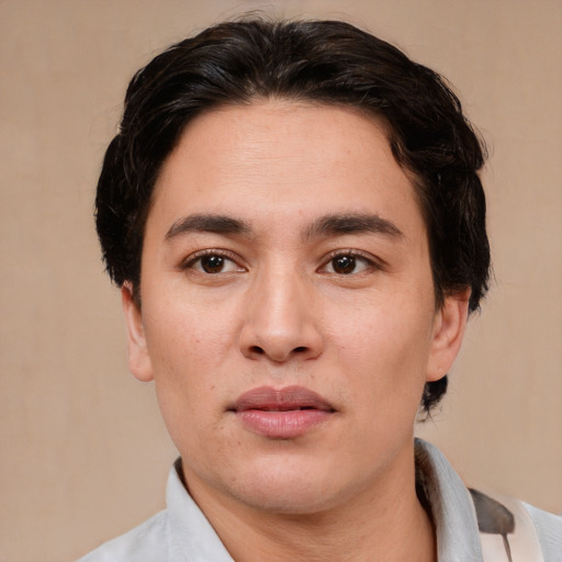 Joyful white young-adult male with medium  brown hair and brown eyes