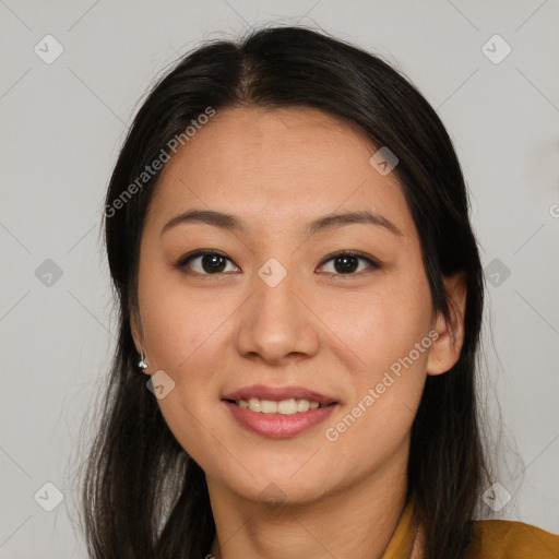 Joyful asian young-adult female with long  brown hair and brown eyes