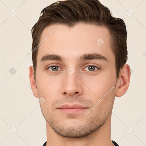 Neutral white young-adult male with short  brown hair and brown eyes