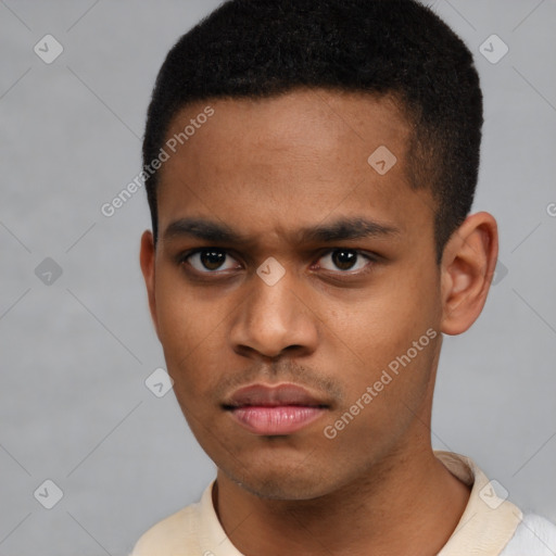 Neutral latino young-adult male with short  brown hair and brown eyes