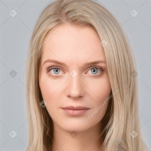 Neutral white young-adult female with long  brown hair and grey eyes