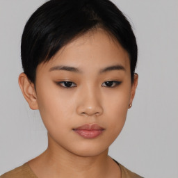 Neutral asian young-adult female with short  black hair and brown eyes