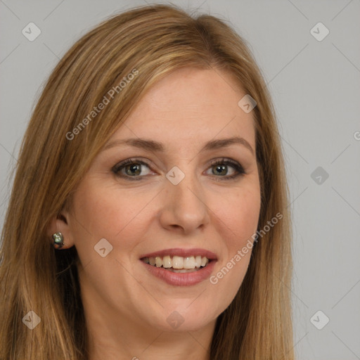 Joyful white young-adult female with long  brown hair and green eyes