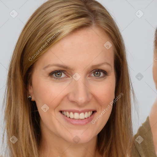 Joyful white young-adult female with long  brown hair and brown eyes