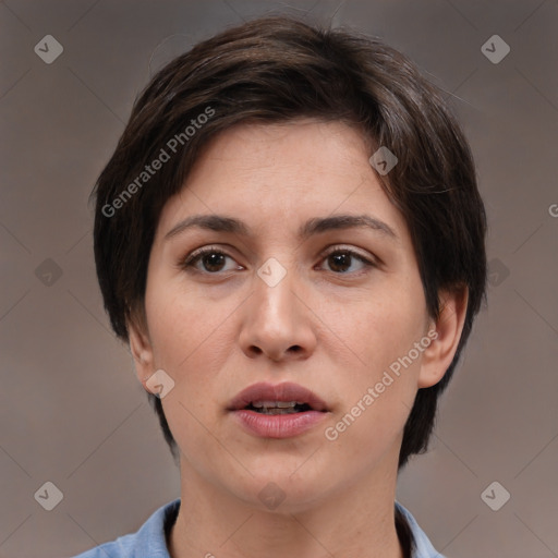 Neutral white young-adult female with medium  brown hair and brown eyes