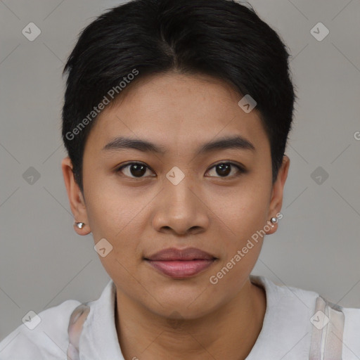 Joyful asian young-adult female with short  brown hair and brown eyes