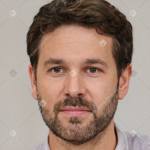 Neutral white adult male with short  brown hair and brown eyes