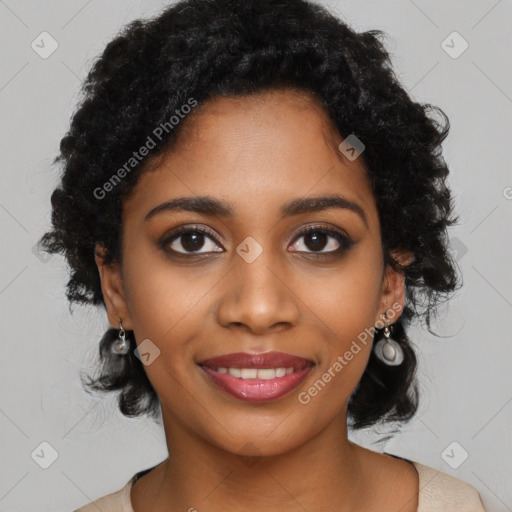 Joyful black young-adult female with medium  black hair and brown eyes