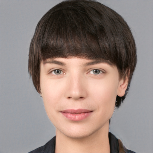 Joyful white young-adult male with medium  brown hair and brown eyes