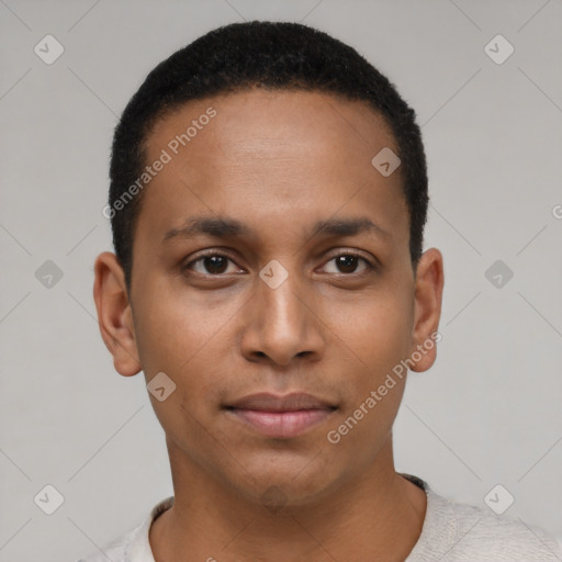 Neutral latino young-adult male with short  black hair and brown eyes