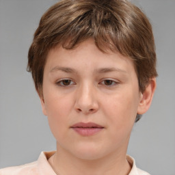 Neutral white young-adult female with short  brown hair and brown eyes