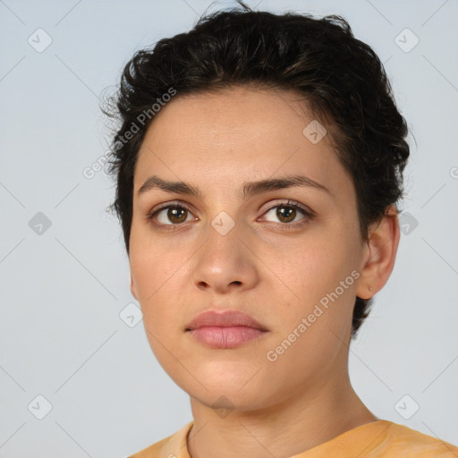 Neutral white young-adult female with short  brown hair and brown eyes