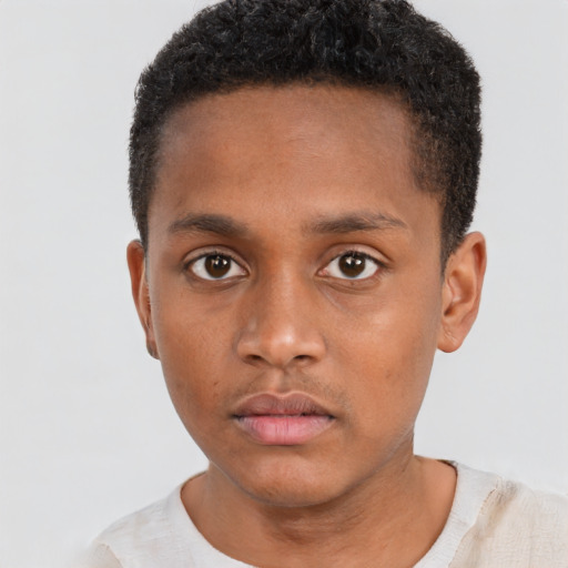 Neutral black young-adult male with short  black hair and brown eyes