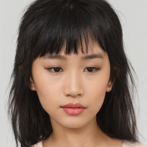 Neutral asian child female with long  brown hair and brown eyes
