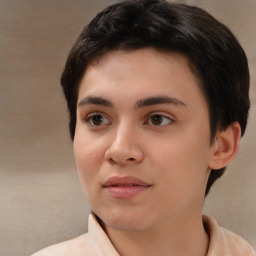 Neutral white young-adult female with short  brown hair and brown eyes