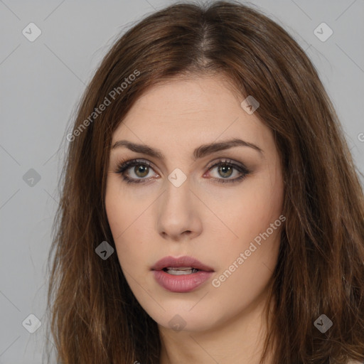 Neutral white young-adult female with long  brown hair and brown eyes