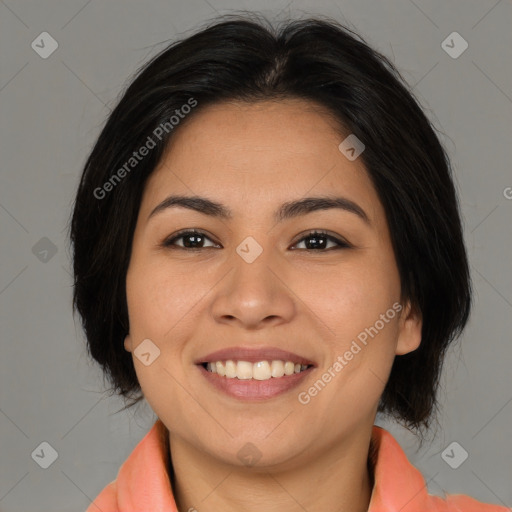 Joyful asian young-adult female with medium  brown hair and brown eyes