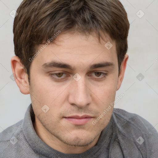 Neutral white young-adult male with short  brown hair and grey eyes