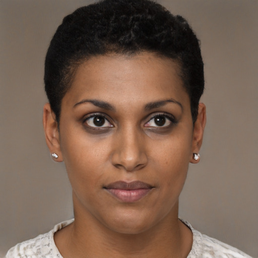 Joyful black young-adult female with short  brown hair and brown eyes