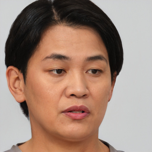 Joyful asian young-adult female with short  black hair and brown eyes