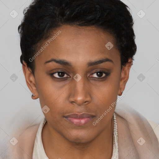 Neutral black young-adult female with short  black hair and brown eyes