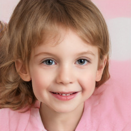 Joyful white child female with medium  brown hair and grey eyes