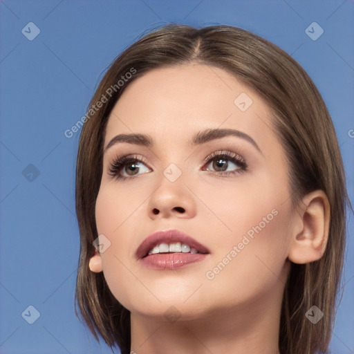 Neutral white young-adult female with medium  brown hair and brown eyes