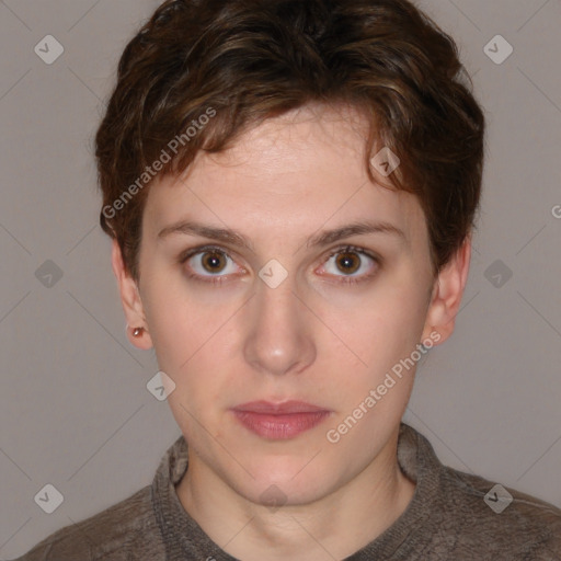 Neutral white young-adult female with short  brown hair and brown eyes