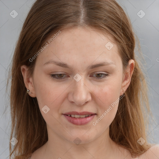 Joyful white young-adult female with medium  brown hair and blue eyes