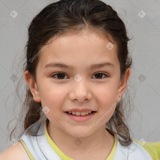 Joyful white child female with medium  brown hair and brown eyes