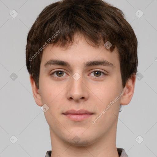 Neutral white young-adult male with short  brown hair and grey eyes