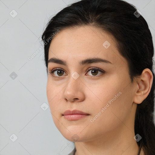 Neutral white young-adult female with medium  brown hair and brown eyes