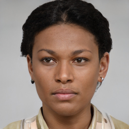 Neutral latino young-adult female with short  brown hair and brown eyes