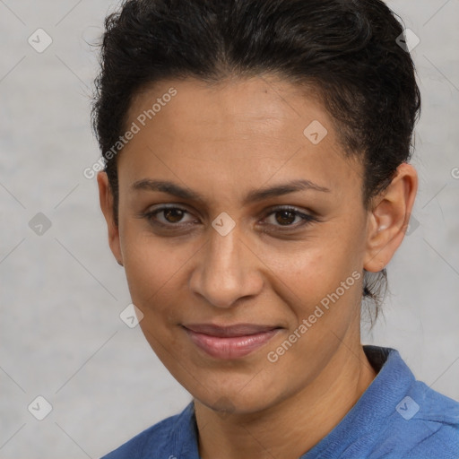 Joyful latino young-adult female with short  brown hair and brown eyes