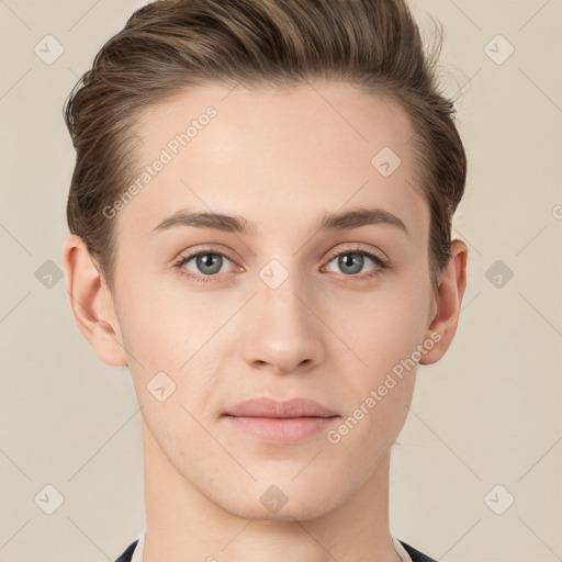 Joyful white young-adult female with short  brown hair and grey eyes