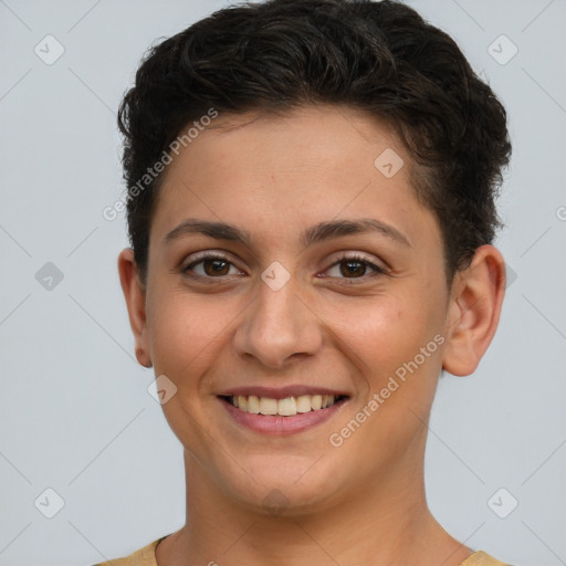 Joyful white young-adult female with short  brown hair and brown eyes